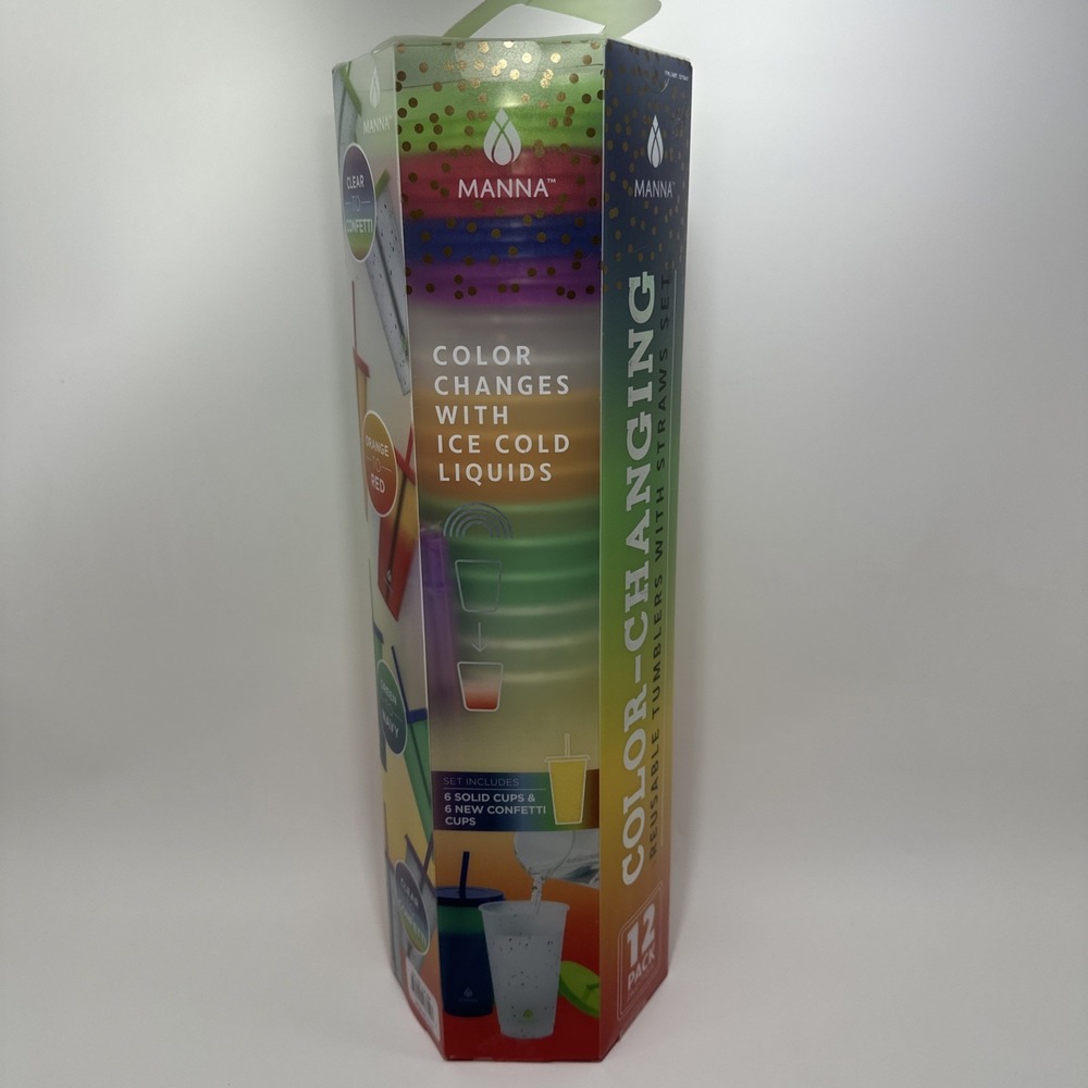 MANNA Color Changing Plastic Tumblers 12-Pack Set Lids Straws 24oz 1371847 NEW